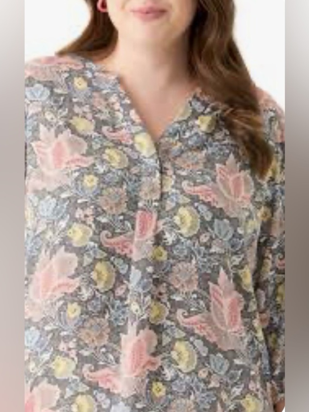 Tahari Woman 3X Gray Floral Paisley V-Neck Long Sleeve Blouse Top Boho